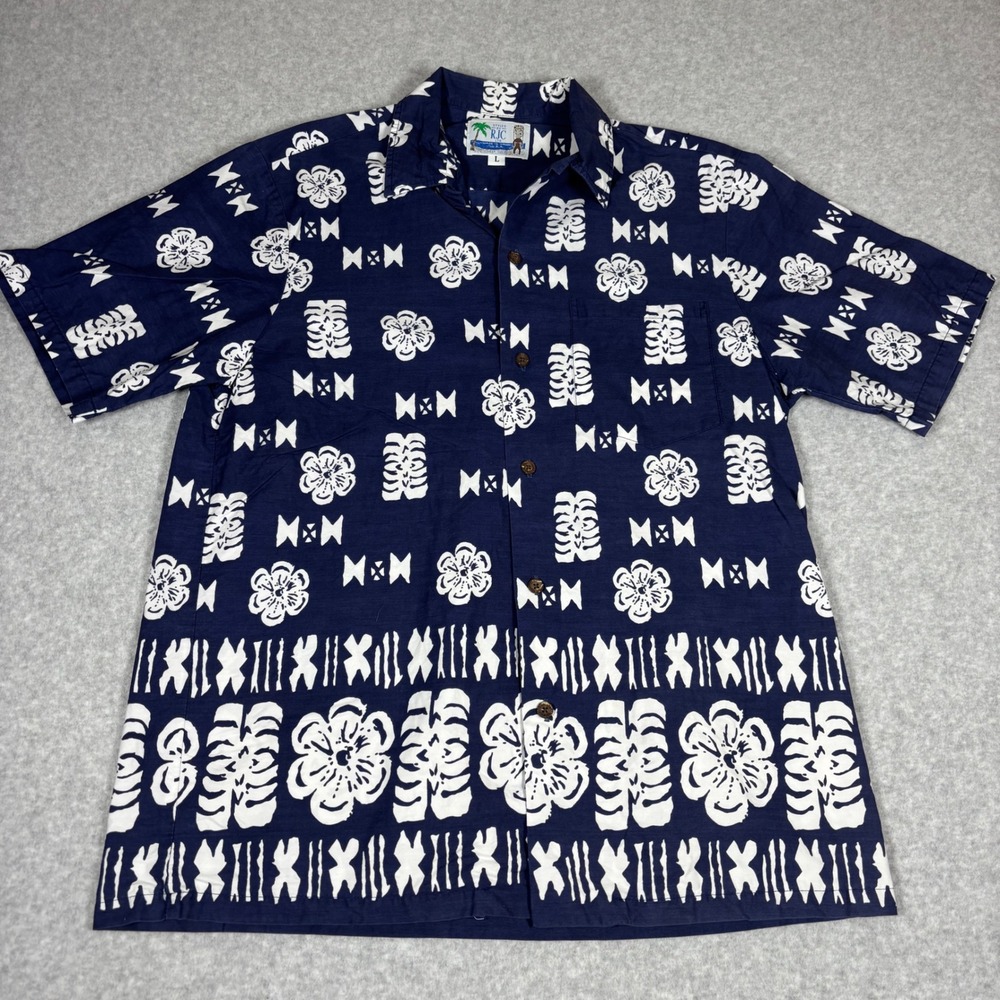 RJC Ltd Button Down Shirt Mens Large Navy Blue Tiki Floral Hawaiian Made in USA